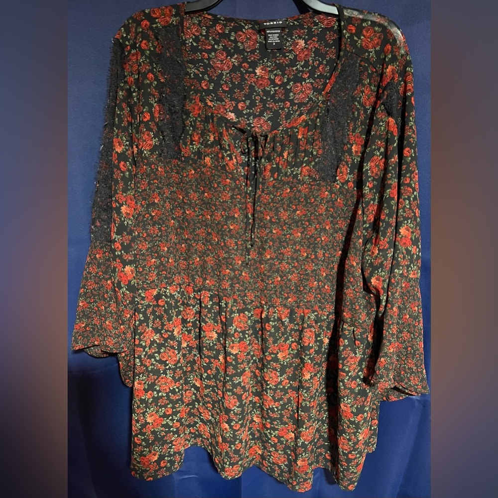 Torrid Black Top with Red Floral Design